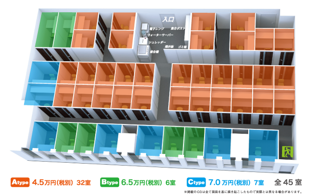 JBSパース図 Atype4.5万円 Btype6.5万円 Ctype7万円 全45室